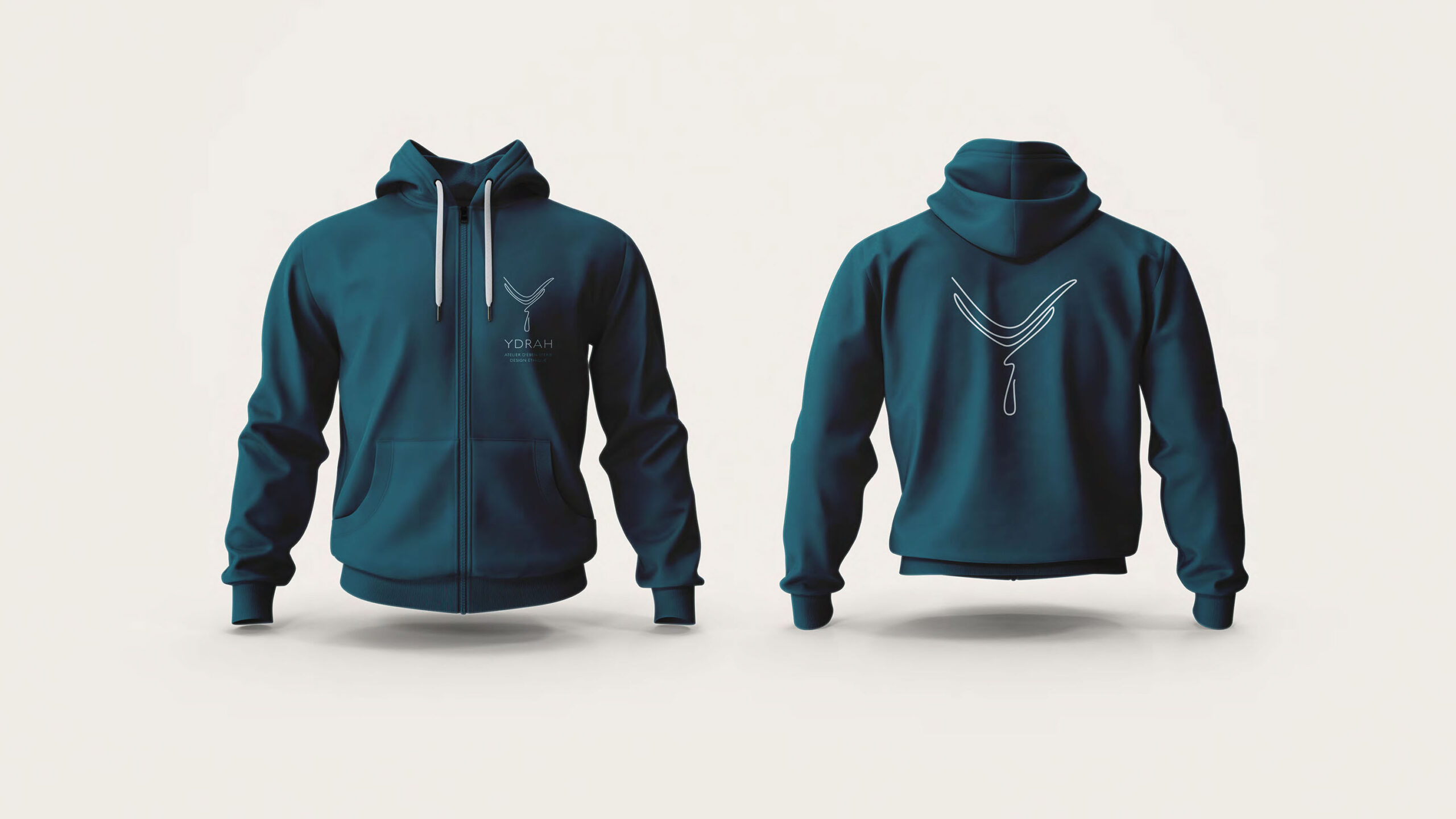 Exemple d'application de l'identité visuelle Ydrah : hoodies